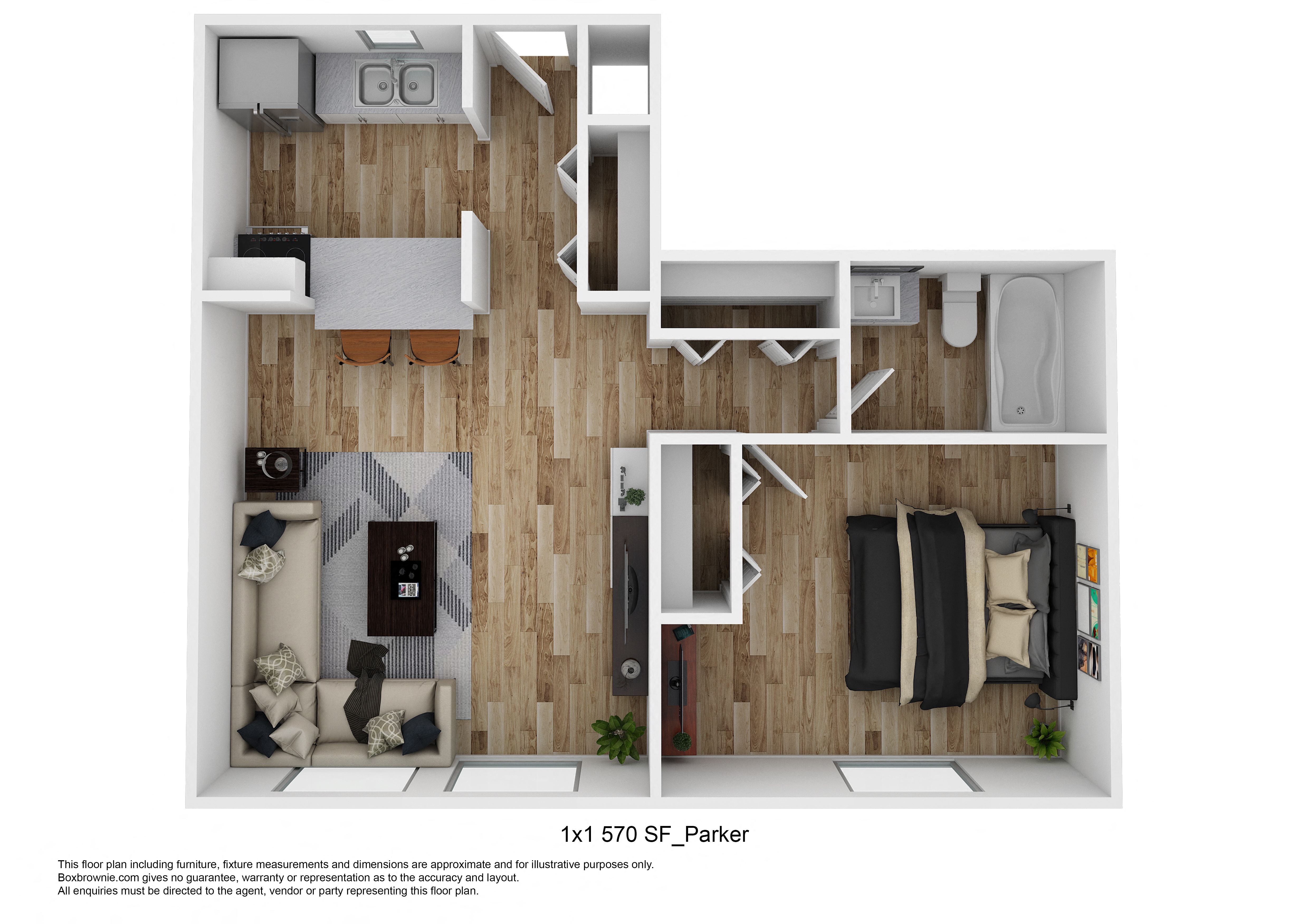 a stylized floor plan with a bedroom and a living room